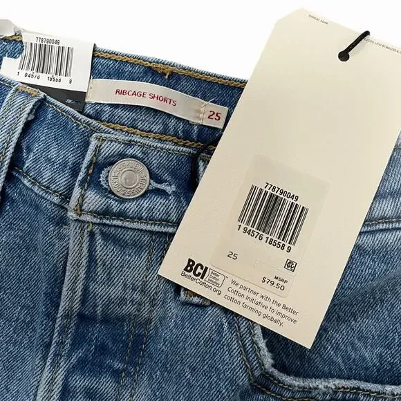 Levi's Ribcage Denim Cutoff Shorts 25 Tango Feels New NWT Distressed High Rise - Picture 5 of 7